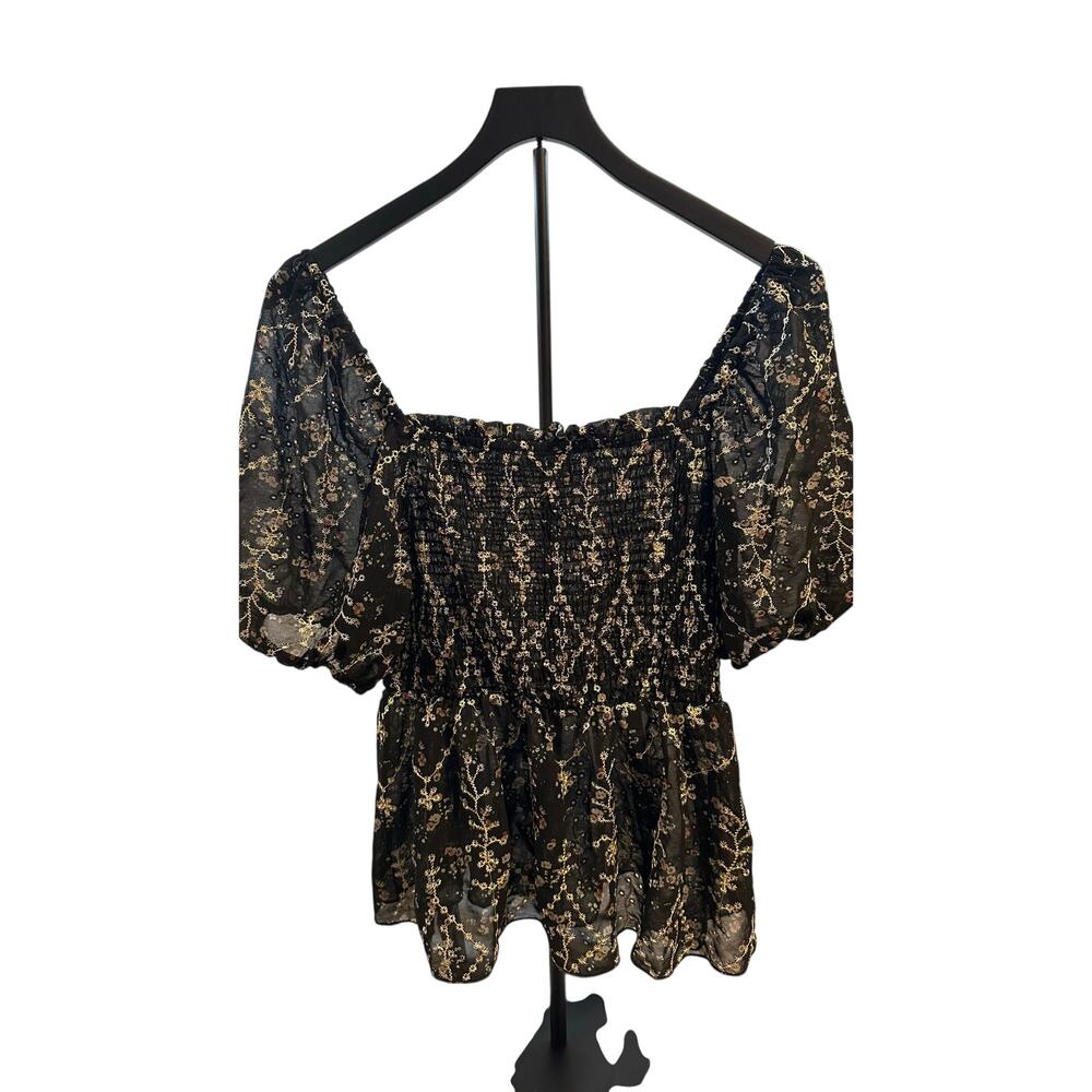 Kori America Cottagecore Floral Smocked Puff Sleeve Babydoll Top L